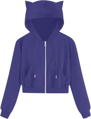 Fashion Hoodies Coats for Women Casual Solid Color Long Sleeve Cropped Zip Up Jackets Fall Loose Cat Hooded Hoodies