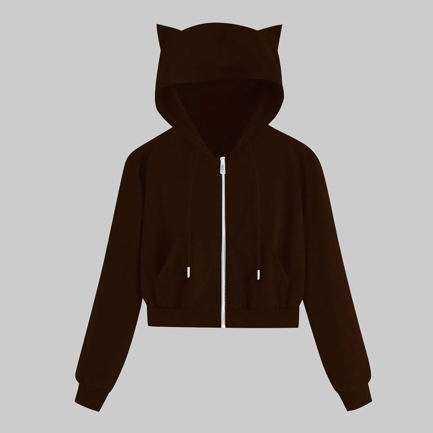 Fashion Hoodies Coats for Women Casual Solid Color Long Sleeve Cropped Zip Up Jackets Fall Loose Cat Hooded Hoodies
