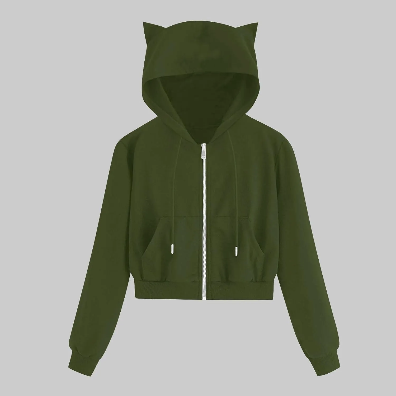 Fashion Hoodies Coats for Women Casual Solid Color Long Sleeve Cropped Zip Up Jackets Fall Loose Cat Hooded Hoodies