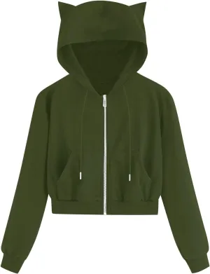 Fashion Hoodies Coats for Women Casual Solid Color Long Sleeve Cropped Zip Up Jackets Fall Loose Cat Hooded Hoodies