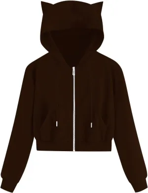 Fashion Hoodies Coats for Women Casual Solid Color Long Sleeve Cropped Zip Up Jackets Fall Loose Cat Hooded Hoodies