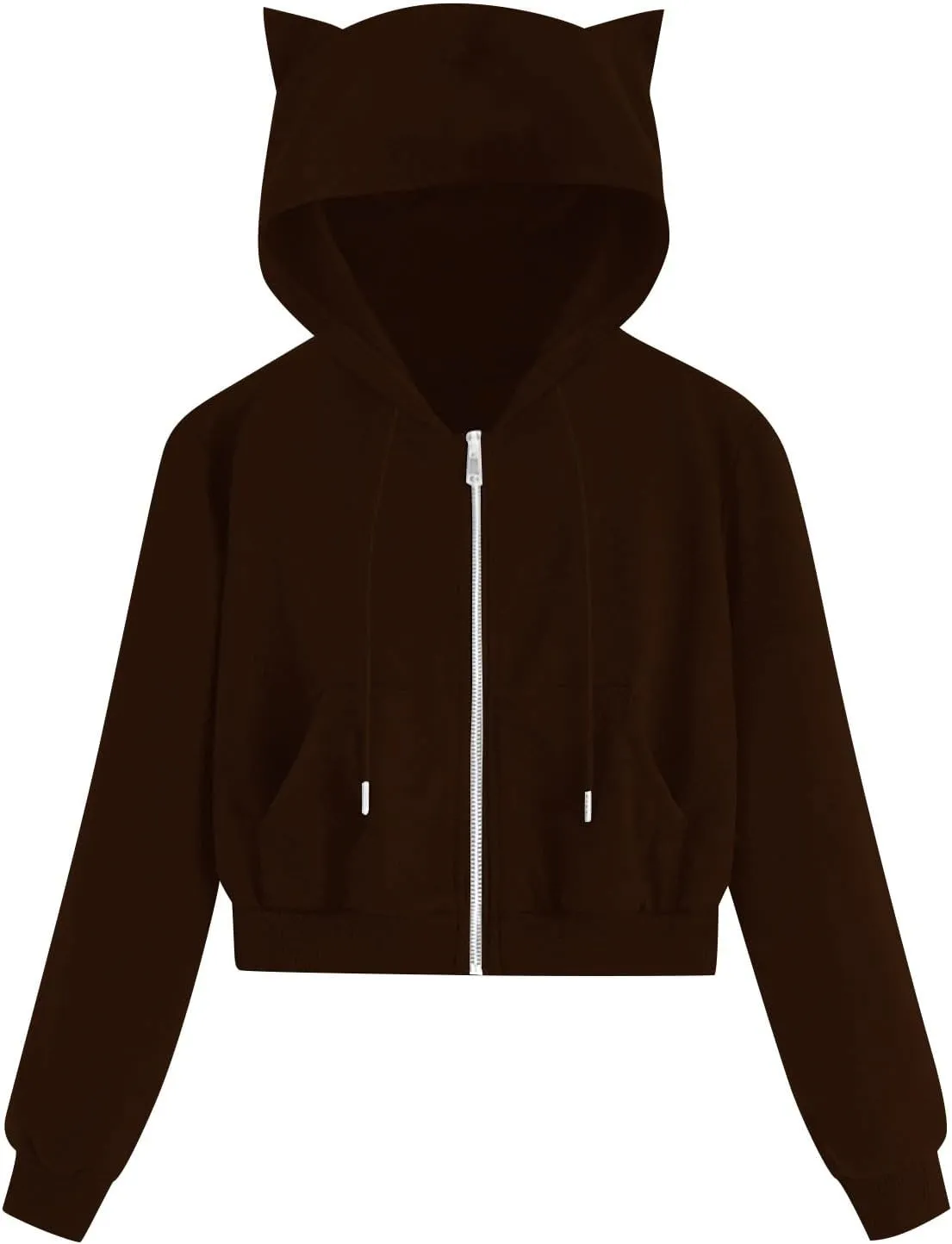 Fashion Hoodies Coats for Women Casual Solid Color Long Sleeve Cropped Zip Up Jackets Fall Loose Cat Hooded Hoodies