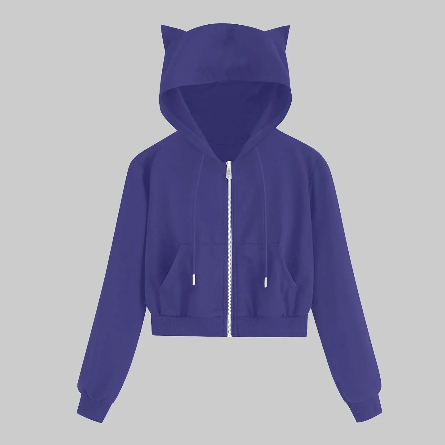Fashion Hoodies Coats for Women Casual Solid Color Long Sleeve Cropped Zip Up Jackets Fall Loose Cat Hooded Hoodies