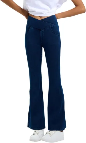 Flare Jeans for Women Crossover High Waisted Tummy Control Jeggins Slim Fit Curvy Bootcut Denim Leggings with Pockets