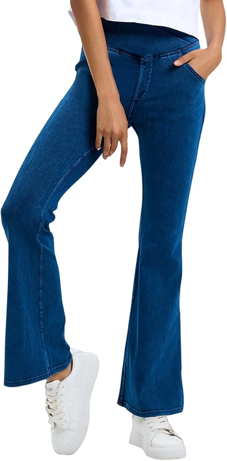 Flare Jeans for Women Crossover High Waisted Tummy Control Jeggins Slim Fit Curvy Bootcut Denim Leggings with Pockets