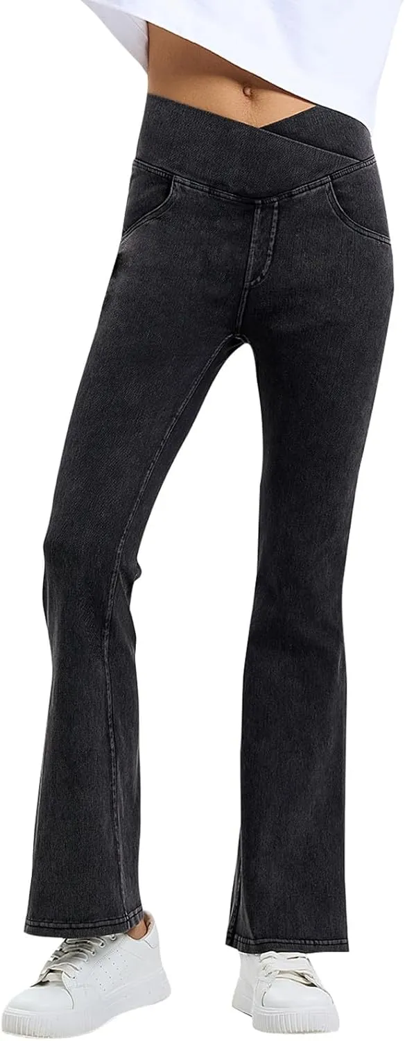 Flare Jeans for Women Crossover High Waisted Tummy Control Jeggins Slim Fit Curvy Bootcut Denim Leggings with Pockets