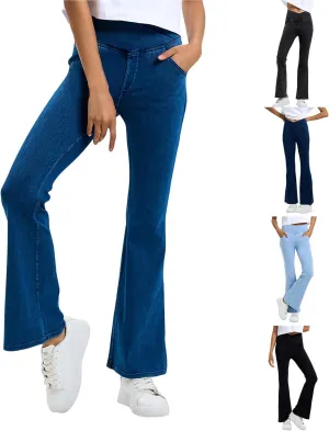 Flare Jeans for Women Crossover High Waisted Tummy Control Jeggins Slim Fit Curvy Bootcut Denim Leggings with Pockets