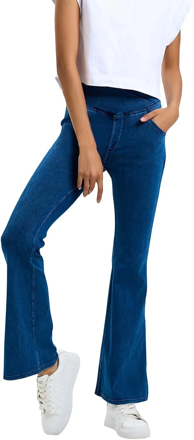 Flare Jeans for Women Crossover High Waisted Tummy Control Jeggins Slim Fit Curvy Bootcut Denim Leggings with Pockets