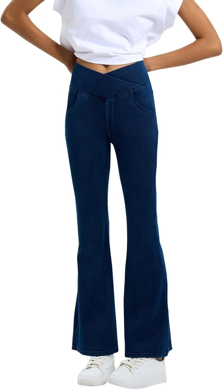 Flare Jeans for Women Crossover High Waisted Tummy Control Jeggins Slim Fit Curvy Bootcut Denim Leggings with Pockets