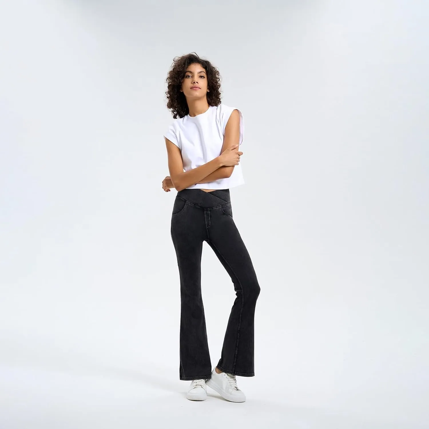 Flare Jeans for Women Crossover High Waisted Tummy Control Jeggins Slim Fit Curvy Bootcut Denim Leggings with Pockets