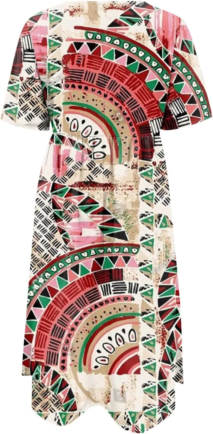 FlekmanArt Dresses for Women 2025 Printed Pleated Long Dress Pocket Short Sleeve Dresses Round Neck Loose Beach Dress