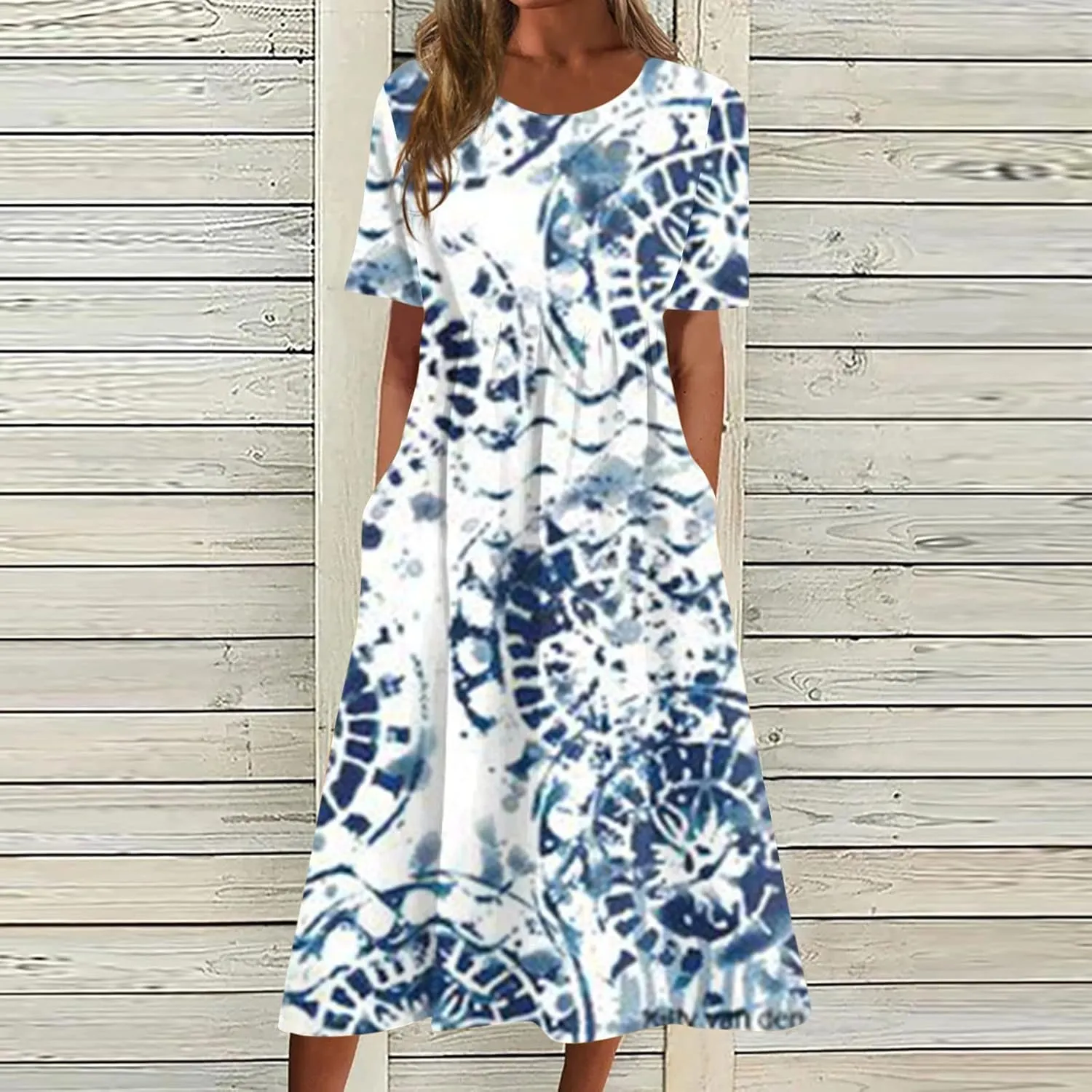 FlekmanArt Dresses for Women 2025 Printed Pleated Long Dress Pocket Short Sleeve Dresses Round Neck Loose Beach Dress