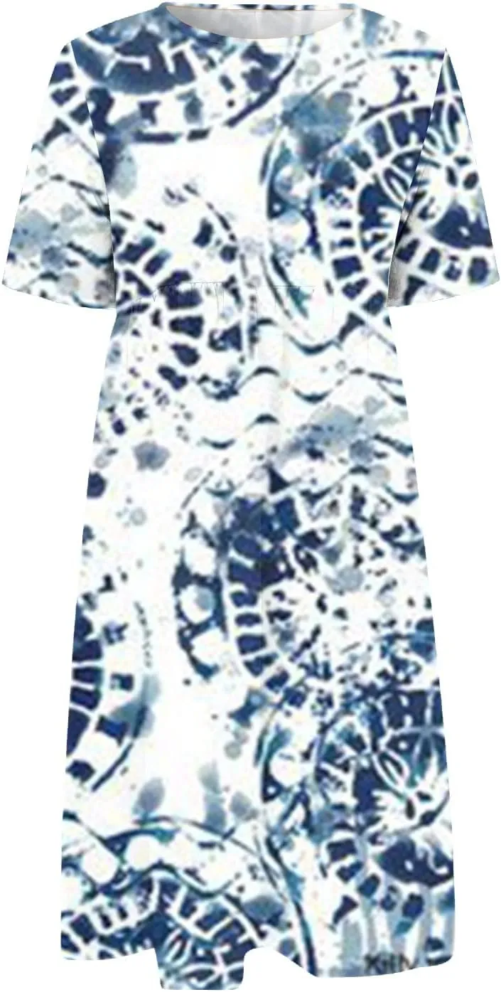 FlekmanArt Dresses for Women 2025 Printed Pleated Long Dress Pocket Short Sleeve Dresses Round Neck Loose Beach Dress