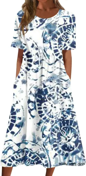 FlekmanArt Dresses for Women 2025 Printed Pleated Long Dress Pocket Short Sleeve Dresses Round Neck Loose Beach Dress
