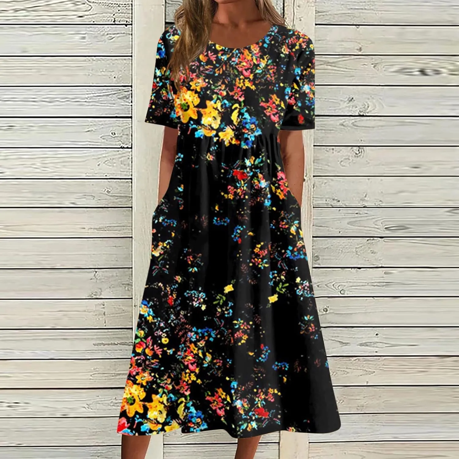 FlekmanArt Dresses for Women 2025 Printed Pleated Long Dress Pocket Short Sleeve Dresses Round Neck Loose Beach Dress