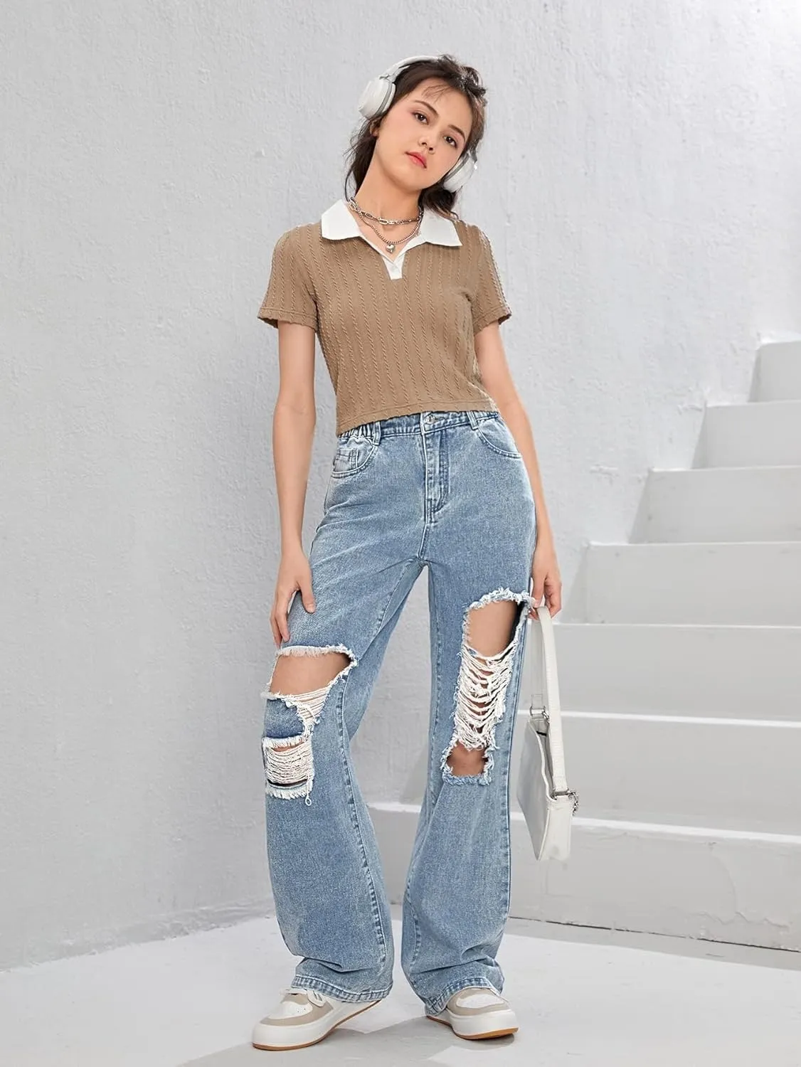Floerns Girls Cut Out Ripped Wide Leg Jeans High Waisted Distressed Denim Pants