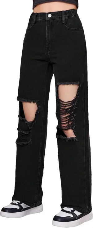 Floerns Girls Cut Out Ripped Wide Leg Jeans High Waisted Distressed Denim Pants