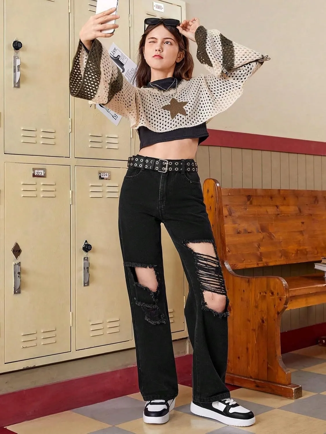 Floerns Girls Cut Out Ripped Wide Leg Jeans High Waisted Distressed Denim Pants