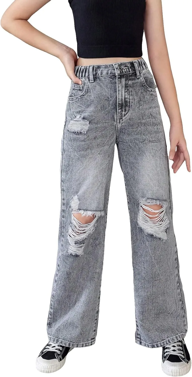 Floerns Girls Cut Out Ripped Wide Leg Jeans High Waisted Distressed Denim Pants