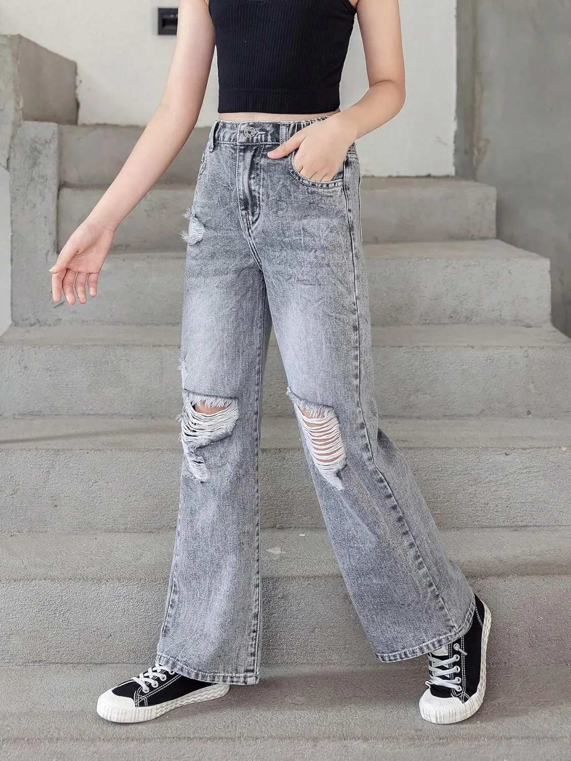 Floerns Girls Cut Out Ripped Wide Leg Jeans High Waisted Distressed Denim Pants