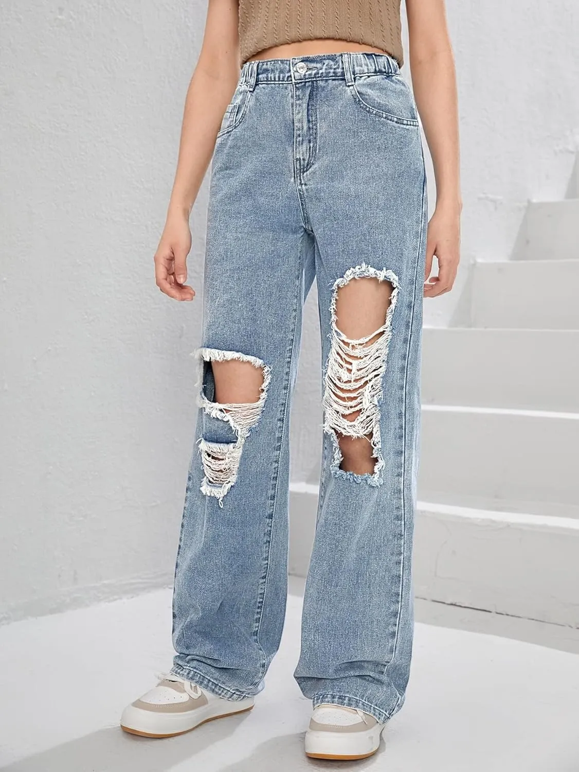 Floerns Girls Cut Out Ripped Wide Leg Jeans High Waisted Distressed Denim Pants