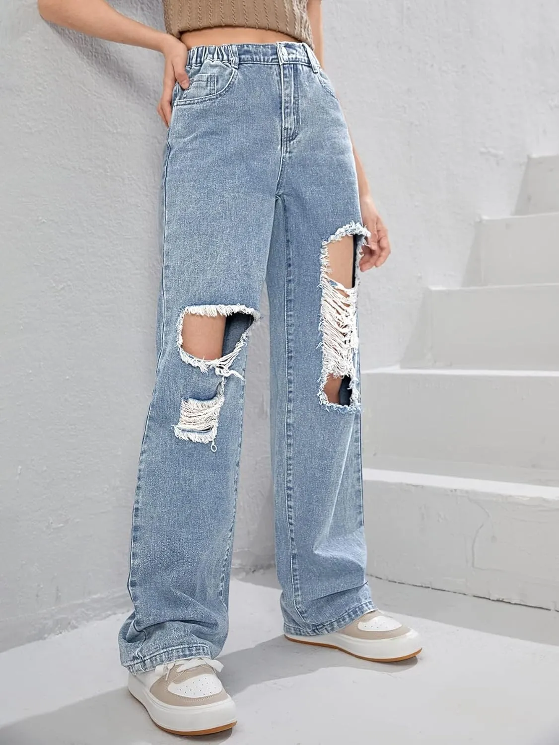 Floerns Girls Cut Out Ripped Wide Leg Jeans High Waisted Distressed Denim Pants