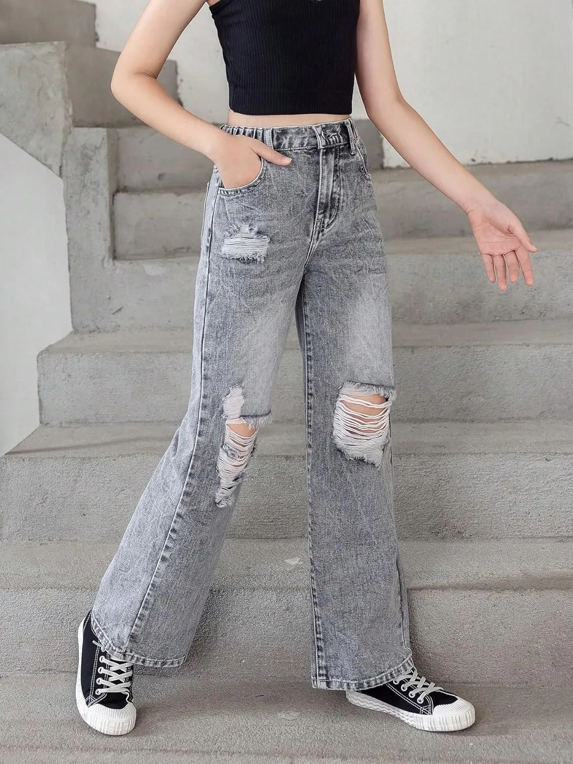 Floerns Girls Cut Out Ripped Wide Leg Jeans High Waisted Distressed Denim Pants