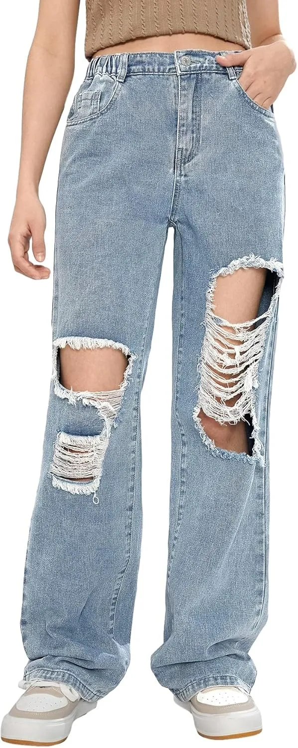Floerns Girls Cut Out Ripped Wide Leg Jeans High Waisted Distressed Denim Pants