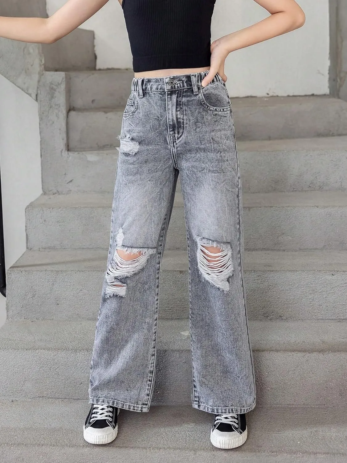 Floerns Girls Cut Out Ripped Wide Leg Jeans High Waisted Distressed Denim Pants