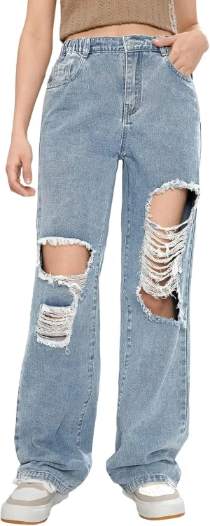 Floerns Girls Cut Out Ripped Wide Leg Jeans High Waisted Distressed Denim Pants