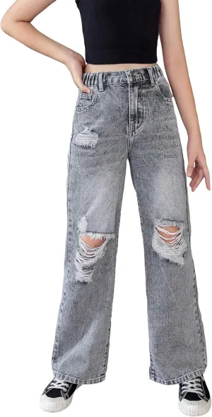 Floerns Girls Cut Out Ripped Wide Leg Jeans High Waisted Distressed Denim Pants