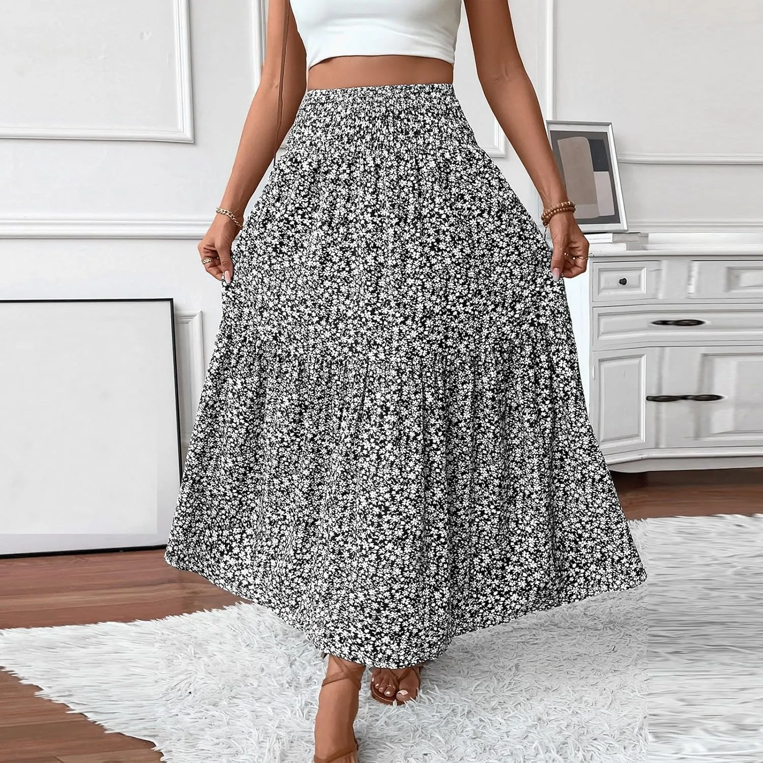 Floral Maxi Skirts for Women Trendy Summer Casual Boho Long Flowy Skirt Smocked Elastic High Waisted A Line Skirt