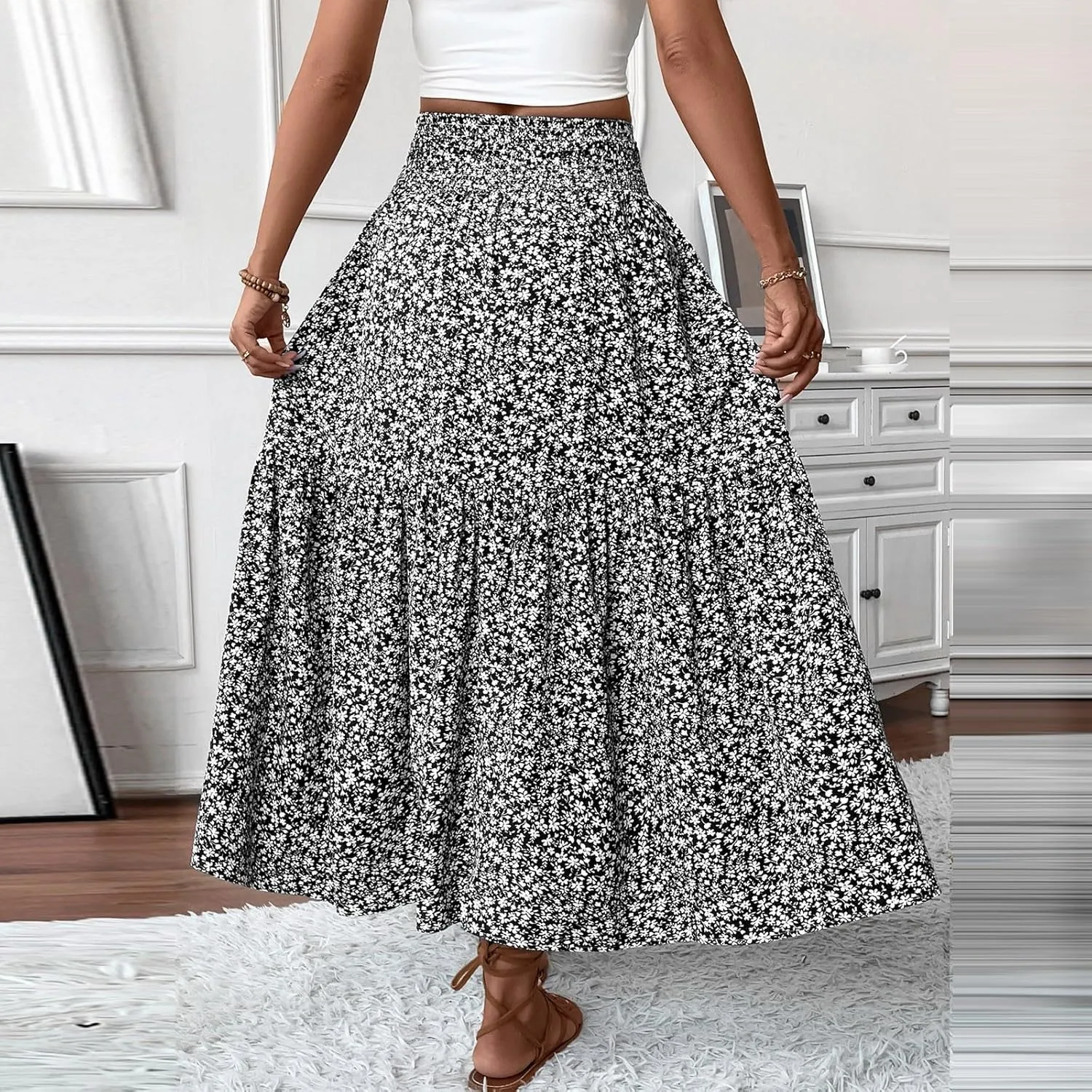 Floral Maxi Skirts for Women Trendy Summer Casual Boho Long Flowy Skirt Smocked Elastic High Waisted A Line Skirt