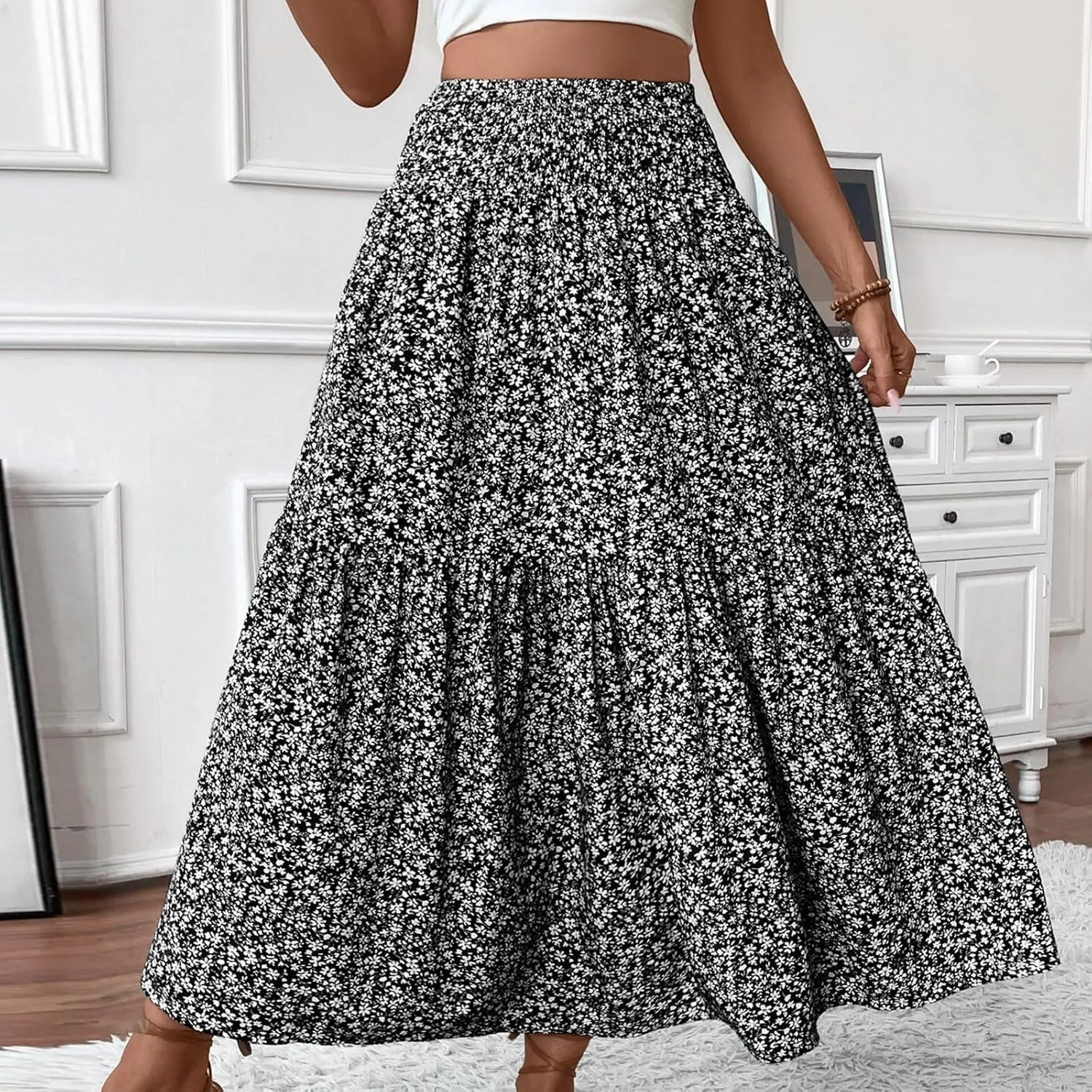 Floral Maxi Skirts for Women Trendy Summer Casual Boho Long Flowy Skirt Smocked Elastic High Waisted A Line Skirt