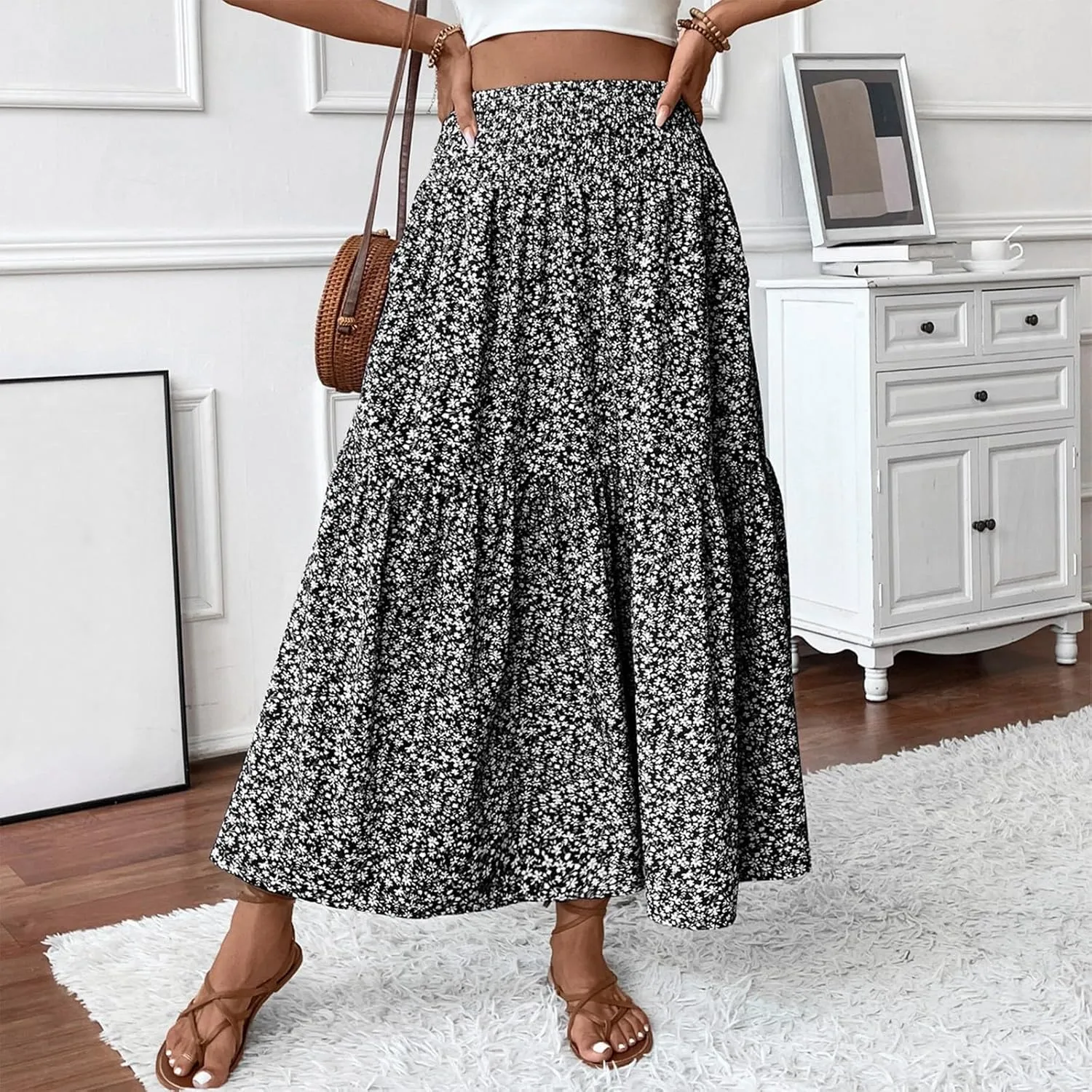 Floral Maxi Skirts for Women Trendy Summer Casual Boho Long Flowy Skirt Smocked Elastic High Waisted A Line Skirt