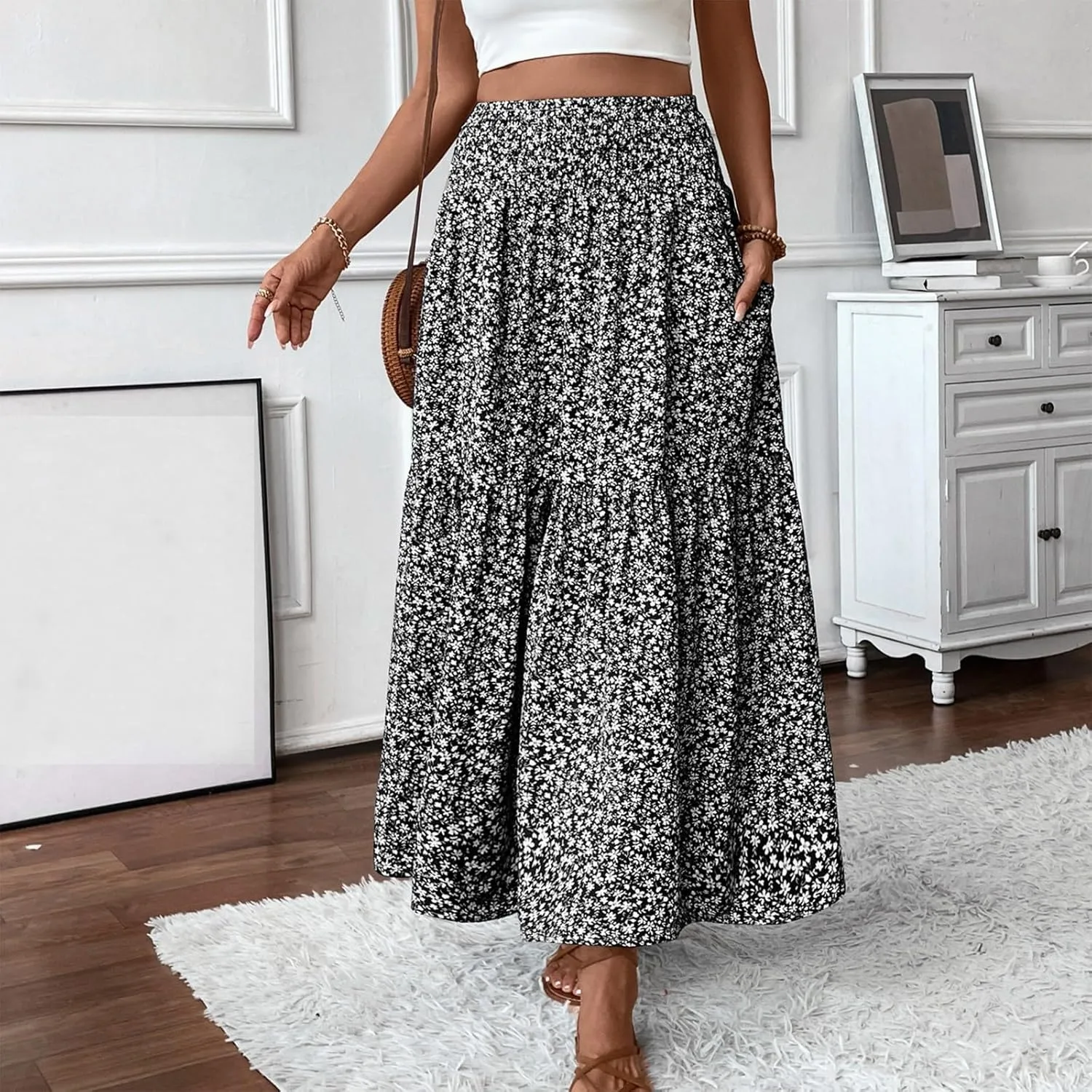 Floral Maxi Skirts for Women Trendy Summer Casual Boho Long Flowy Skirt Smocked Elastic High Waisted A Line Skirt