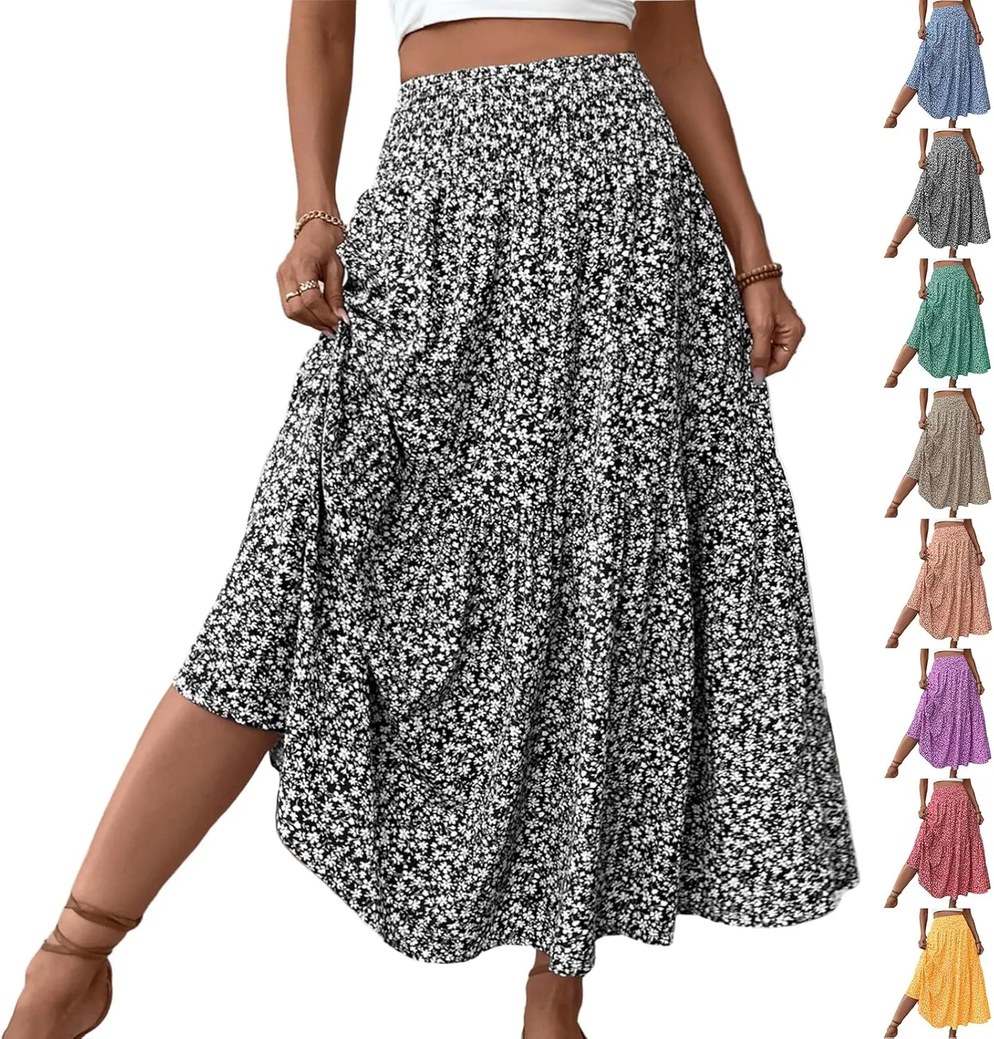 Floral Maxi Skirts for Women Trendy Summer Casual Boho Long Flowy Skirt Smocked Elastic High Waisted A Line Skirt