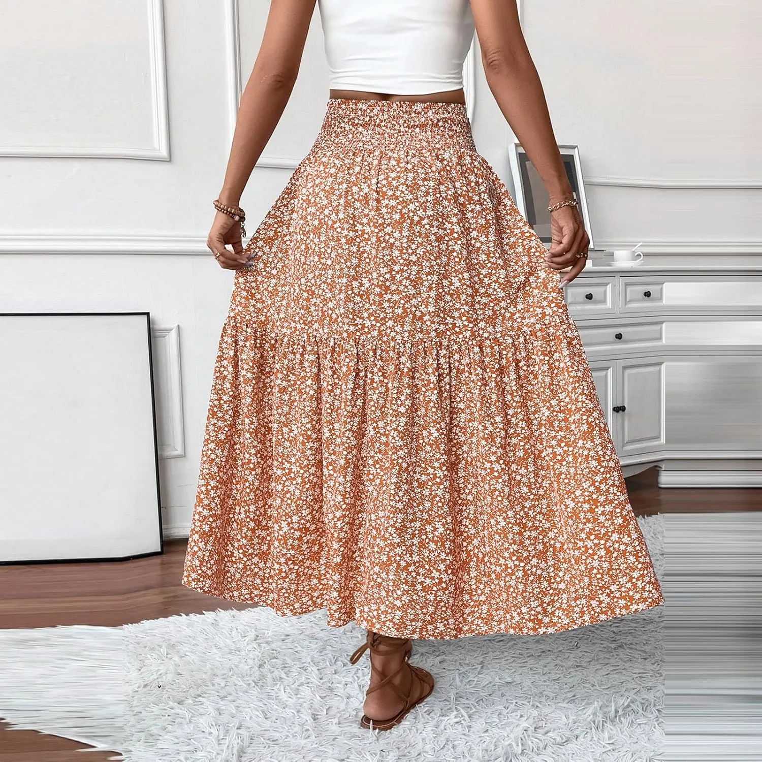 Floral Skirts for Women 2025 Spring Summer Trendy Elastic Waist Maxi Skirts Flowy Bohemian Ruffle Skirt with Pockets