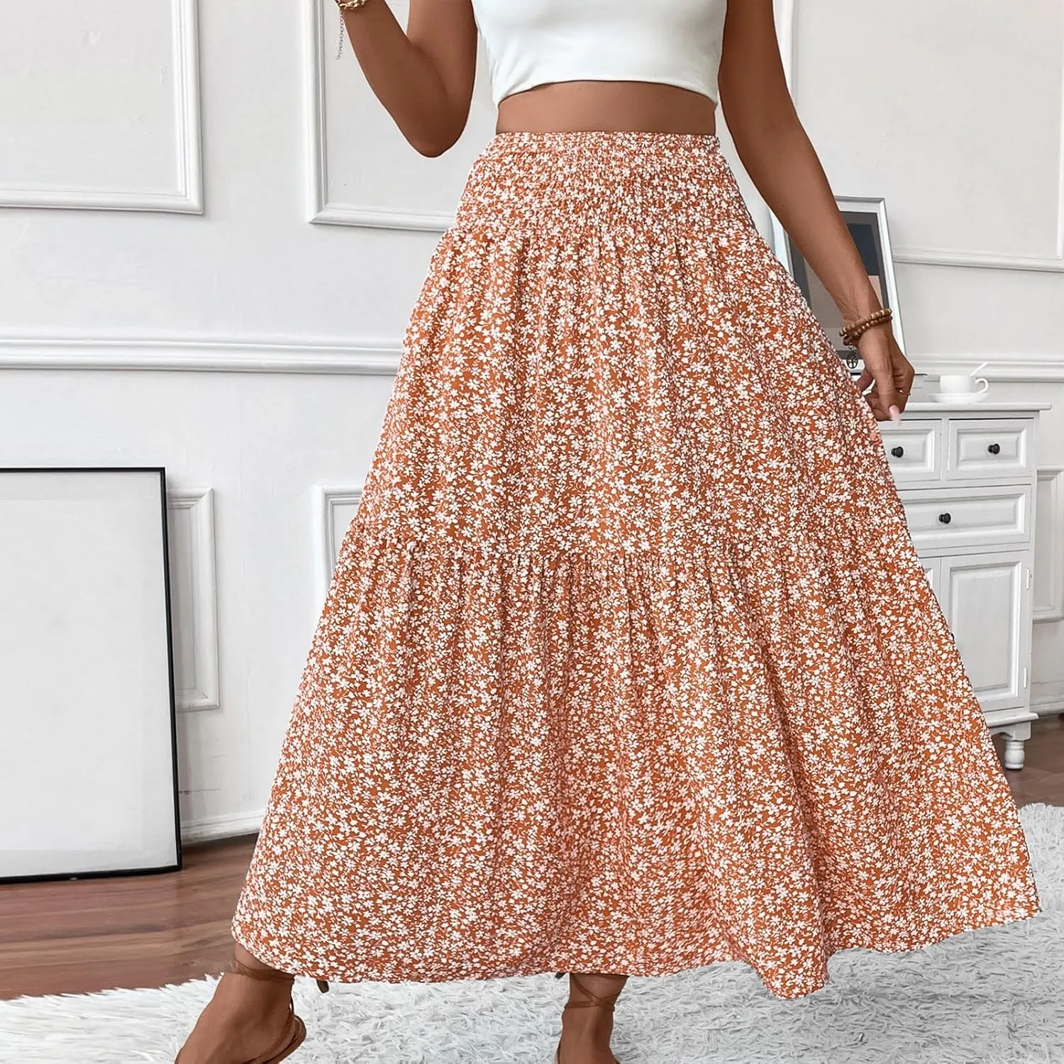 Floral Skirts for Women 2025 Spring Summer Trendy Elastic Waist Maxi Skirts Flowy Bohemian Ruffle Skirt with Pockets