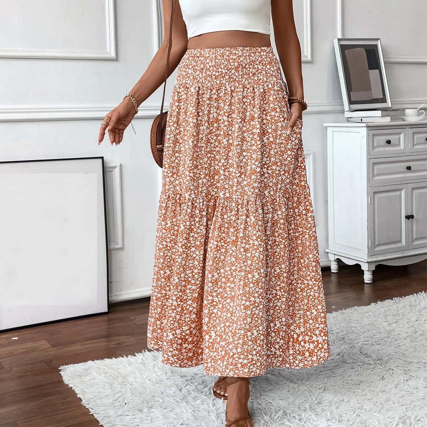 Floral Skirts for Women 2025 Spring Summer Trendy Elastic Waist Maxi Skirts Flowy Bohemian Ruffle Skirt with Pockets