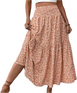 Floral Skirts for Women 2025 Spring Summer Trendy Elastic Waist Maxi Skirts Flowy Bohemian Ruffle Skirt with Pockets