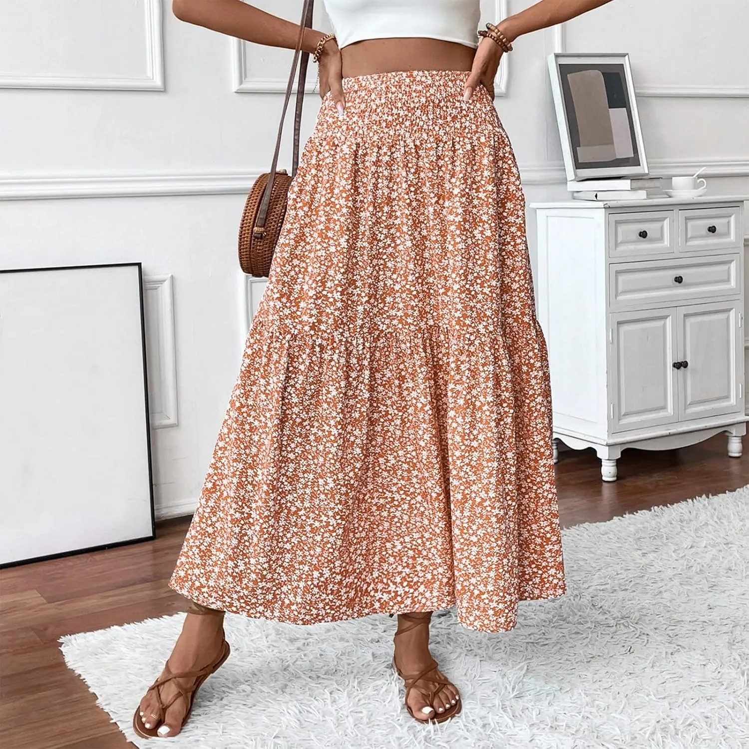 Floral Skirts for Women 2025 Spring Summer Trendy Elastic Waist Maxi Skirts Flowy Bohemian Ruffle Skirt with Pockets