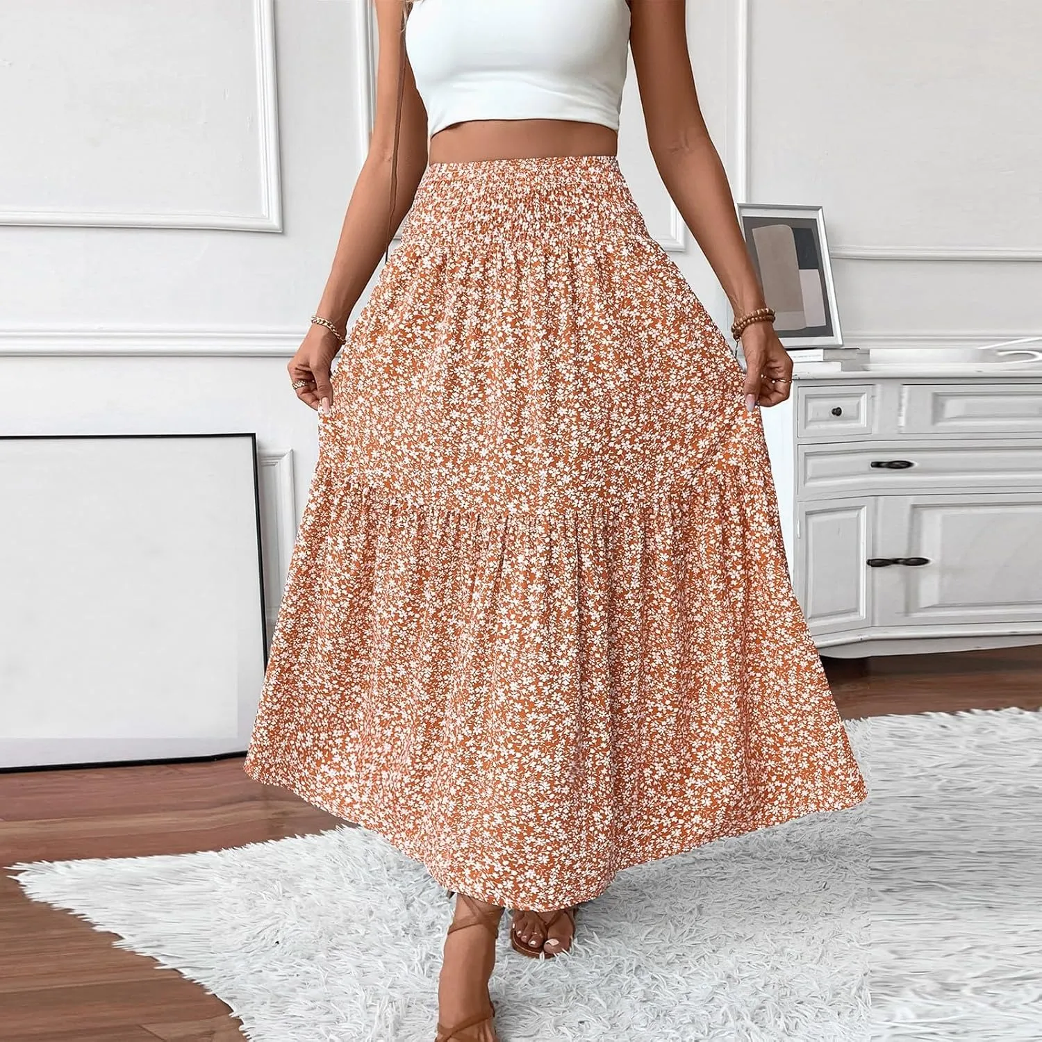 Floral Skirts for Women 2025 Spring Summer Trendy Elastic Waist Maxi Skirts Flowy Bohemian Ruffle Skirt with Pockets