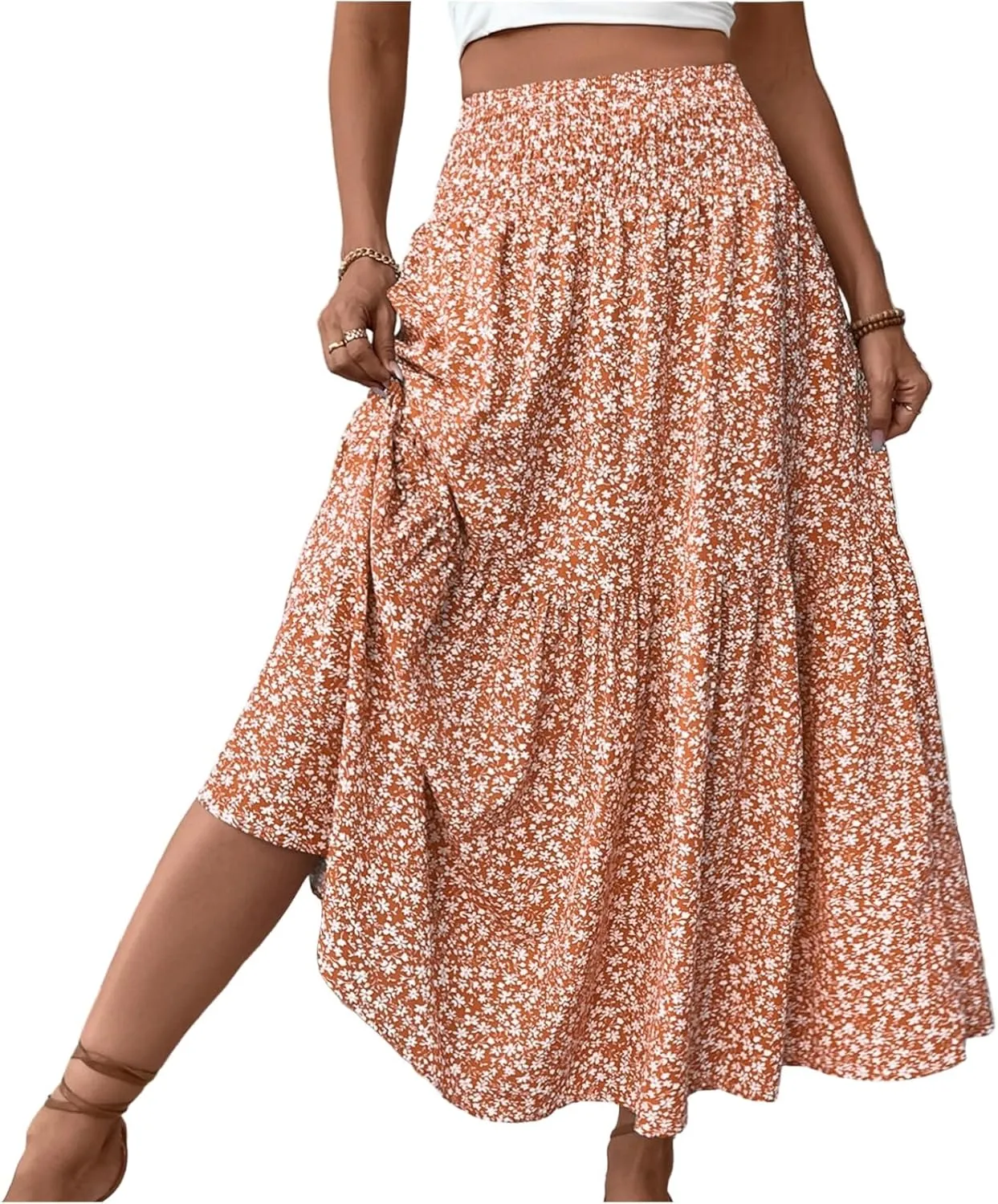 Floral Skirts for Women 2025 Spring Summer Trendy Elastic Waist Maxi Skirts Flowy Bohemian Ruffle Skirt with Pockets