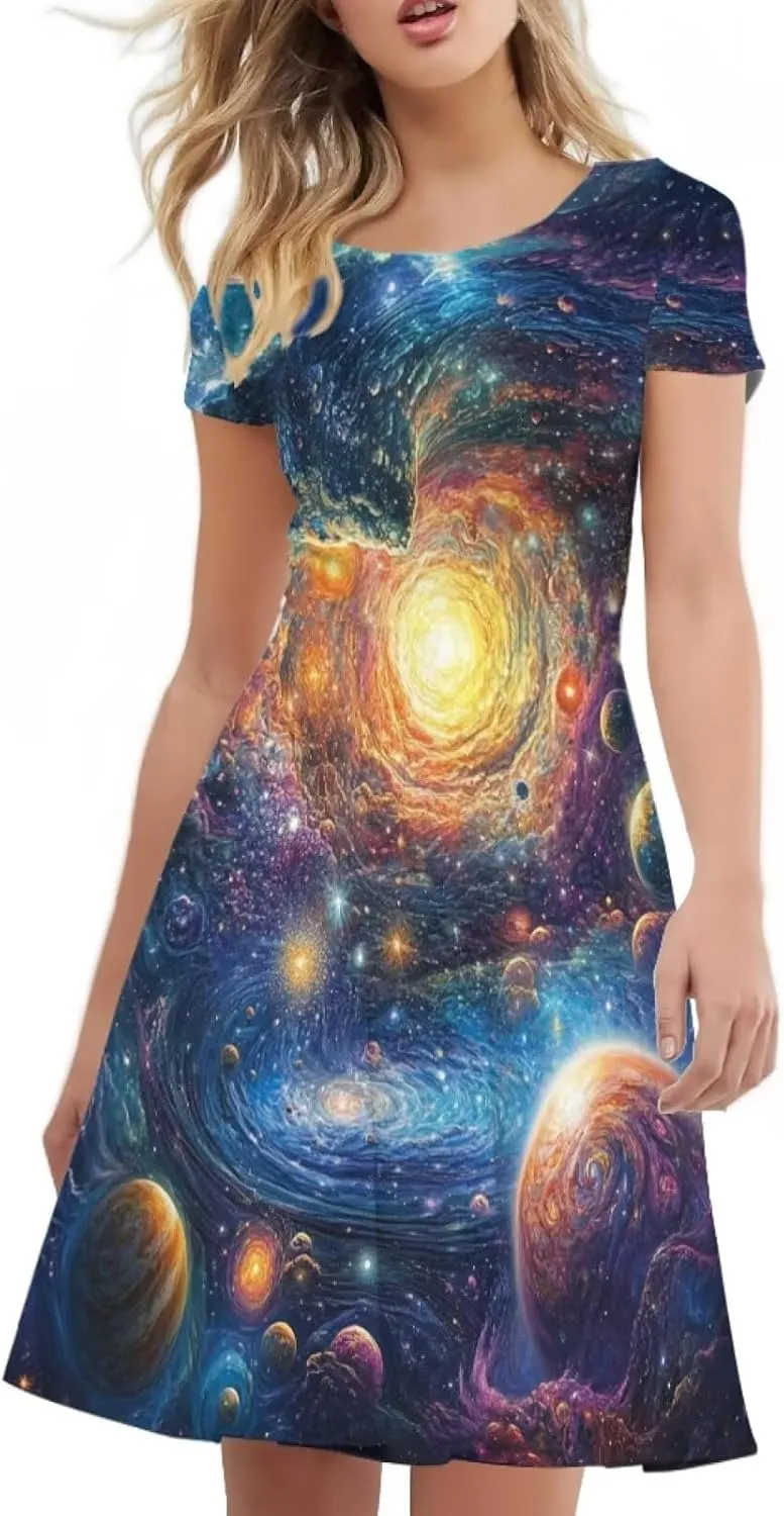 Forchrinse Cute Cow Women Summer Dresses Round Neck Mini Dress Loose Short Sleeve Dresses
