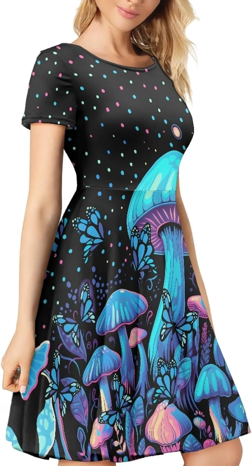 Forchrinse Cute Cow Women Summer Dresses Round Neck Mini Dress Loose Short Sleeve Dresses