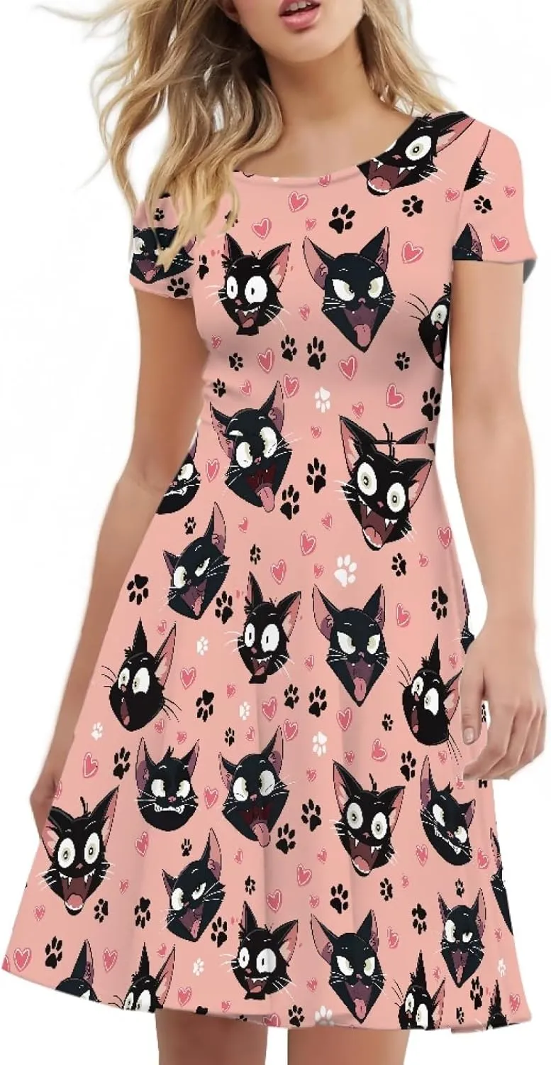Forchrinse Cute Cow Women Summer Dresses Round Neck Mini Dress Loose Short Sleeve Dresses