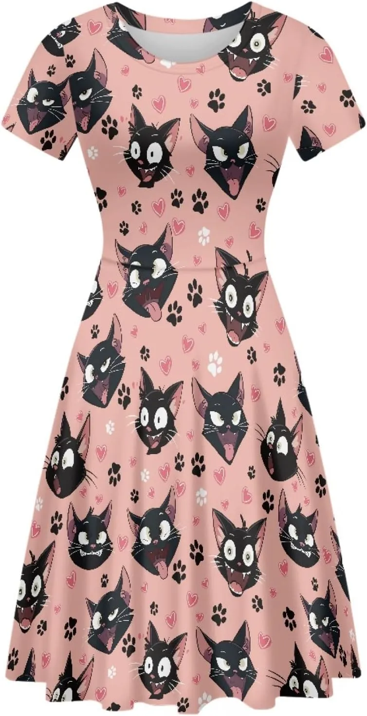 Forchrinse Cute Cow Women Summer Dresses Round Neck Mini Dress Loose Short Sleeve Dresses