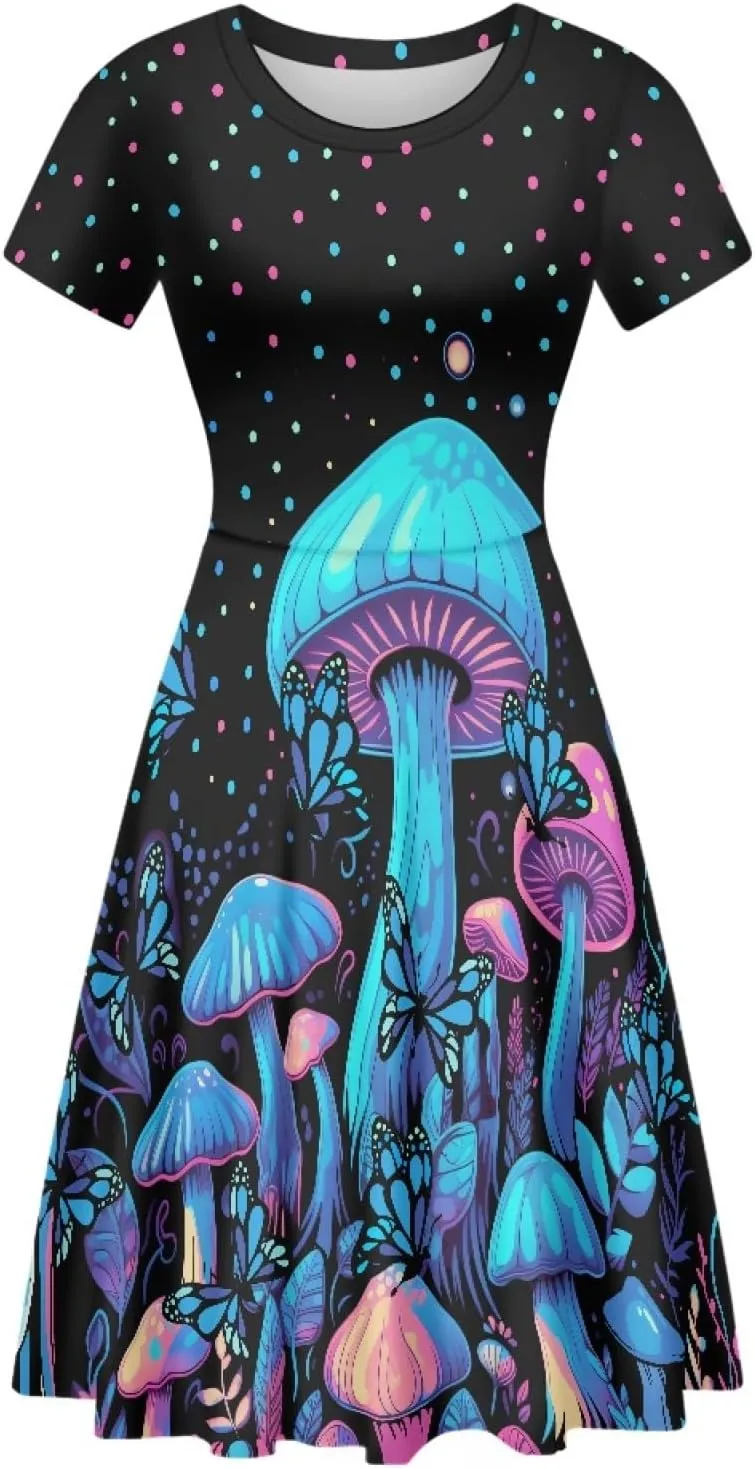 Forchrinse Cute Cow Women Summer Dresses Round Neck Mini Dress Loose Short Sleeve Dresses