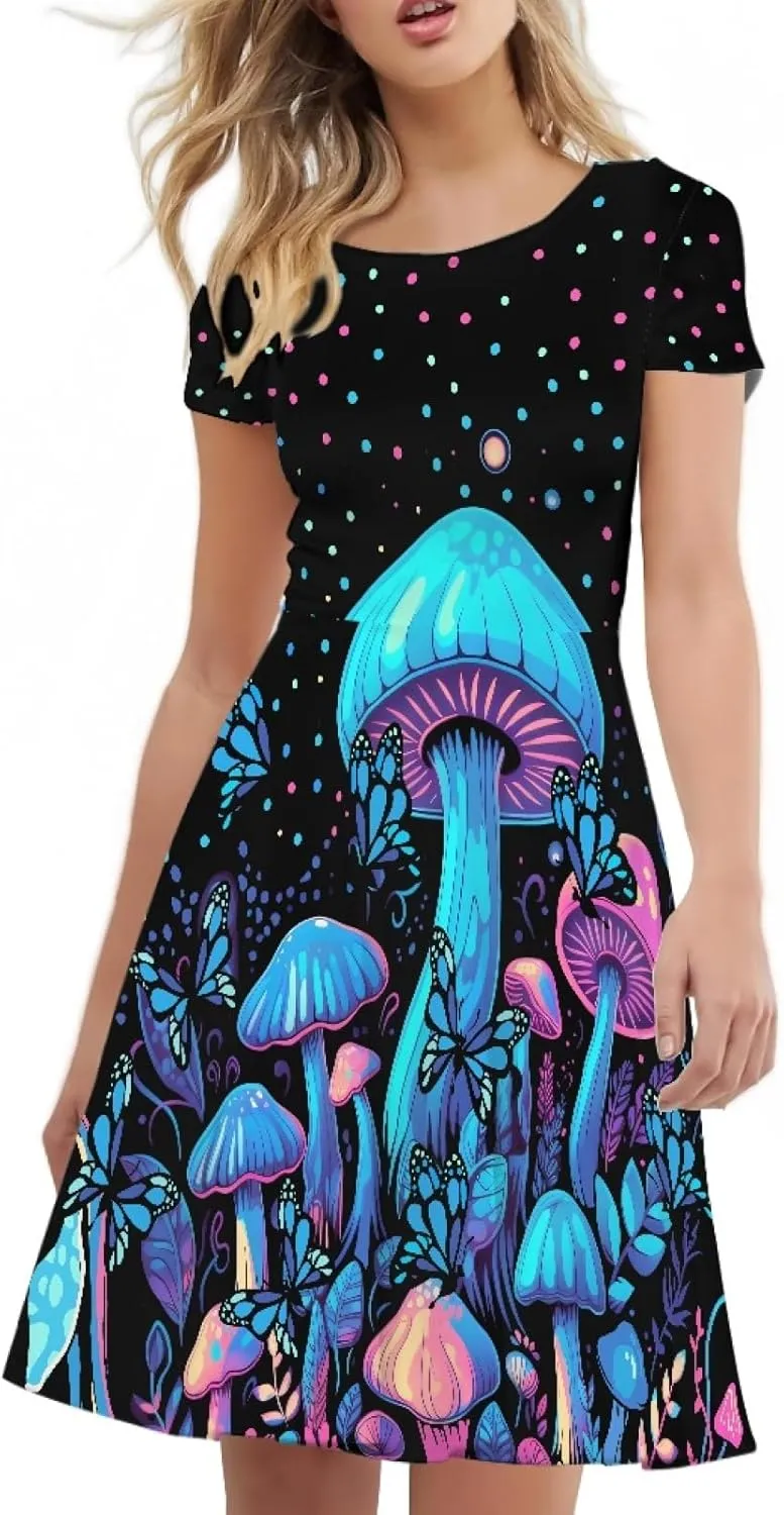 Forchrinse Cute Cow Women Summer Dresses Round Neck Mini Dress Loose Short Sleeve Dresses